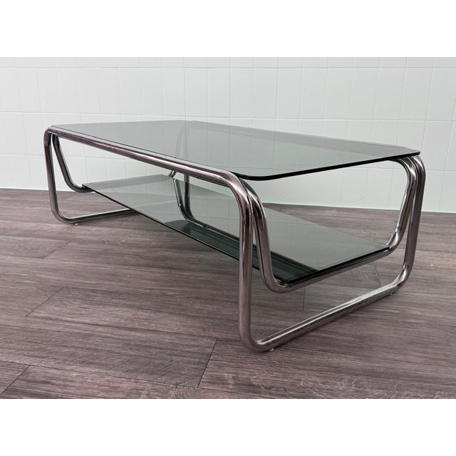 Italian Coffee Table in Chromed Steel and Smoked Glass, 1970s For Sale - Image 4 of 11
