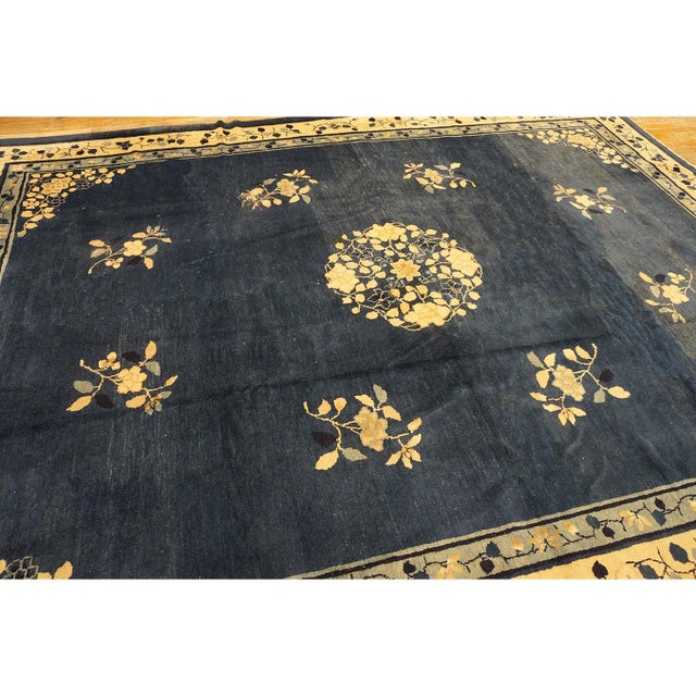 Navy Blue Classic Ivory Blue Color Antique Floral Medallion Pattern Chinese Peking Rug For Sale - Image 8 of 9