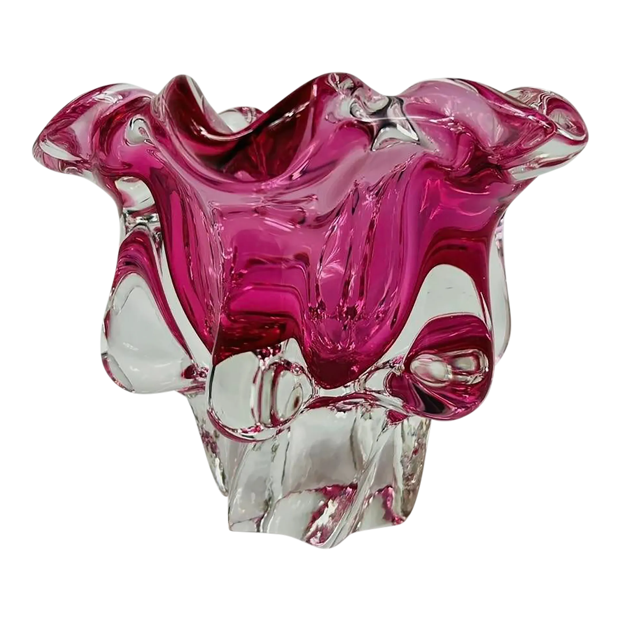Mid Century Art Glass Bowl Czechoslovakia Pink Heavy Hand Blown