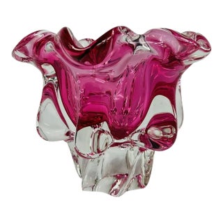 Mid Century Art Glass Bowl Czechoslovakia Pink Heavy Hand Blown For Sale
