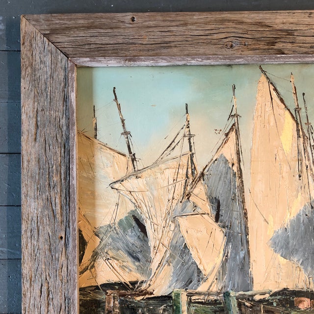 Original Vintage Sail Boats in Harbor Seascape Painting For Sale - Image 4 of 7