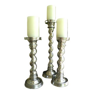 Quality Set of 3 Cast Aluminum Weighted Barley Twist Pillar Candle Holders For Sale