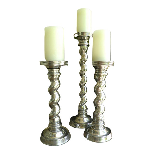 Quality Set of 3 Cast Aluminum Weighted Barley Twist Pillar Candle Holders For Sale