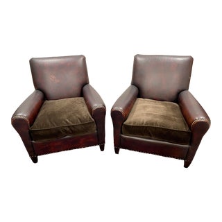 Art Deco Style Leather Nailhead Club Chairs With Mohair Seats - a Pair For Sale