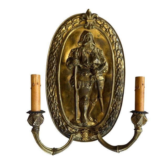 Gothic Antique Brass Wall Sconces With Embossed Knights and Fleur De Lis - a Pair For Sale - Image 3 of 6