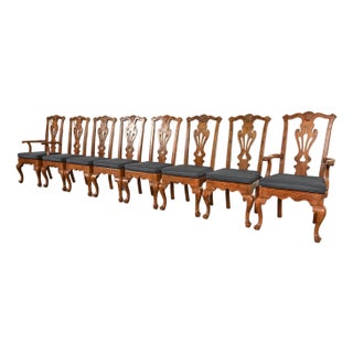 Henredon Georgian Carved Solid Oak Dining Chairs, Set of Eight For Sale