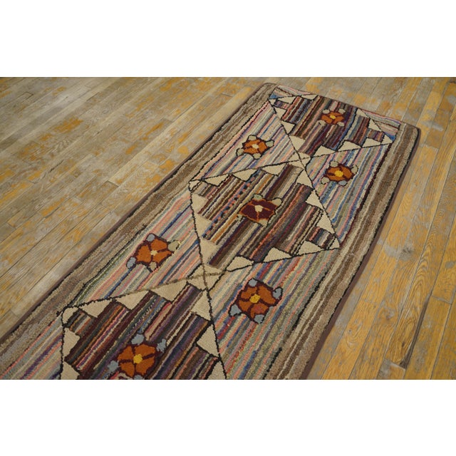 1930s Multicolor Geometric Folk Art Antique American Hooked Rug 2'4" X 12'10" Handknotted Wool Cotton Carpet For Sale In New York - Image 6 of 18