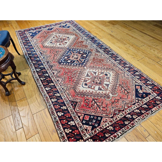 Persian Vintage Persian Shiraz Tribal Area Rug, Hand-Knotted Wool, Geometric Pattern, Rust-Red & Navy, 5x10 For Sale - Image 3 of 11