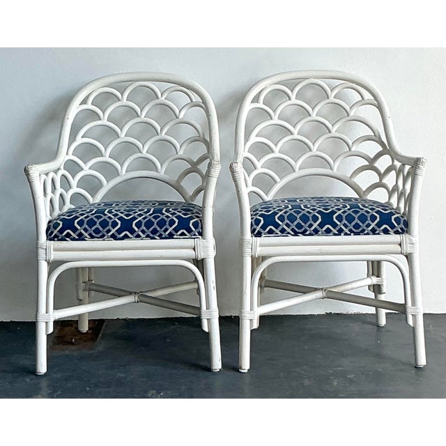 Vintage Coastal Scalloped Rattan Lounge Chairs - A Pair For Sale - Image 11 of 12