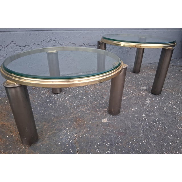 Glass Vintage Hollywood Regency Brass Tone/ Glass Round Coffee Tables by Dia a - Pair For Sale - Image 7 of 12