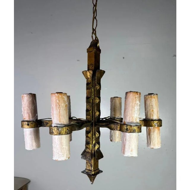 Spanish Spanish Hand-Forged Iron Chandelier, Rustic Style, Six Lights, 1930s For Sale - Image 3 of 9