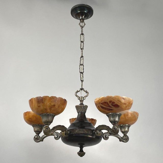 Swedish designer 5-Light Art Deco Chandelier, 1920s to 1930s. This awesome chandelier features a nickel-plated brass frame...