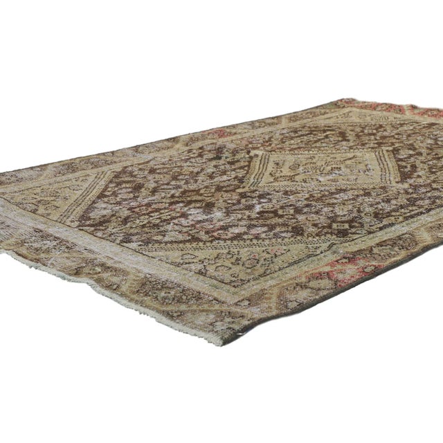 60999 Distressed Antique Persian Mahal Rug, 03'10 x 08'06. Relaxed refinement meets rugged beauty in this hand-knotted...