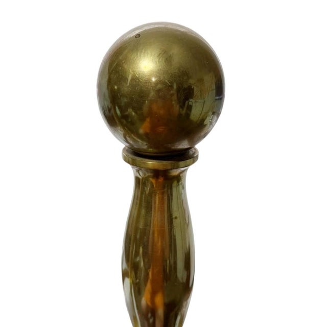 American Antique Federal Cannonball Solid Brass Fireplace Andirons & Damper Hook For Sale - Image 3 of 6