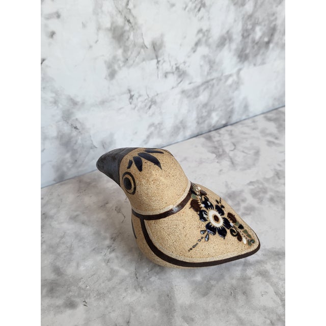 Cinnamon 1990s Handcrafted Stoneware Bird Figurine With Brown Beak and Floral Details 4" Long Tonala Mexico For Sale - Image 8 of 12