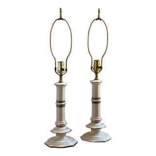 Vintage Classical-Style Candlestick Porcelain Table Lamps — a Pair For Sale