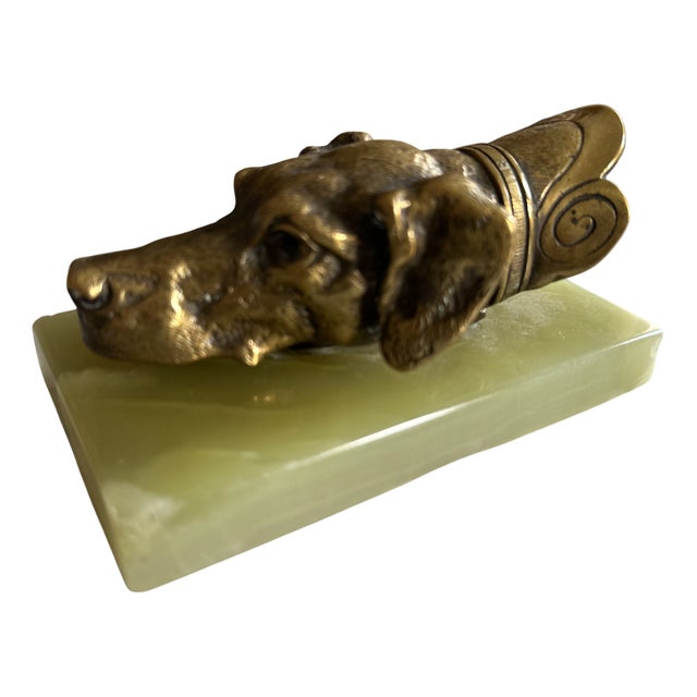 Brass Dog Head Letter Clip on Green Onyx Base, Germany, 1920s For Sale