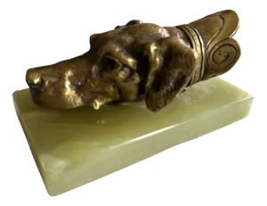 Brass Dog Head Letter Clip on Green Onyx Base, Germany, 1920s