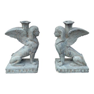 Late 20th Century Egyptian Revival Regency Gray Sphinx Candlestick Holders- a Pair For Sale
