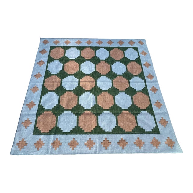 Handmade New Zealand Wool Dhurrie, Sky Blue, Beige and Green Swedish Tile Rug- 8'x10' For Sale