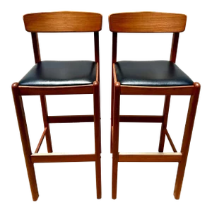 Mid Century Modern Teak Bar Height Barstools With Black Seats by Benny Linden - Pair