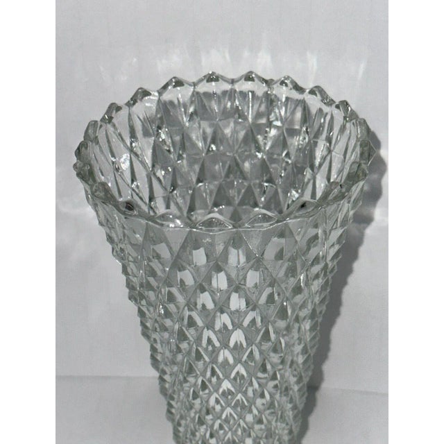 Mid-Century Modern Vintage Indiana Glass Diamond Point Footed Trumpet Vase Clear Pressed Glass 8" For Sale - Image 3 of 3