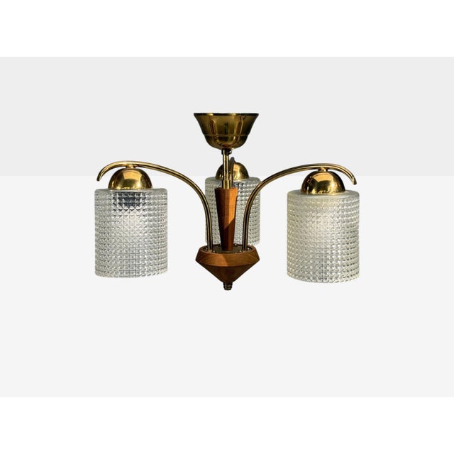 Mid-Century Modern 1950s Swedish Modern, Small Pendant Light, Brass, Teak, Textured Glass, Sweden For Sale - Image 3 of 12