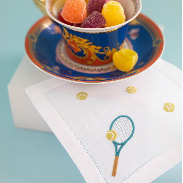 English Hand Embroidered Tennis Cocktail Napkins- Set of 4 For Sale - Image 3 of 3