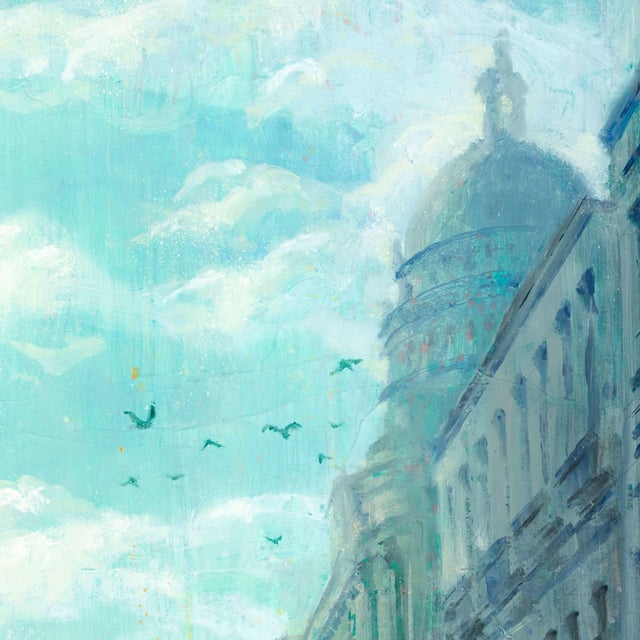 Paris Rainy Cafe by Christopher Clark | Oil and Acrylic on Wood Panel City street scene in rain For Sale - Image 4 of 5