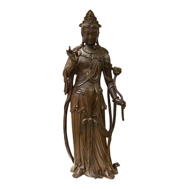 Chinese Brown Guan Yin Tara Bodhisattva Avalokitesvara Wood Statue For Sale