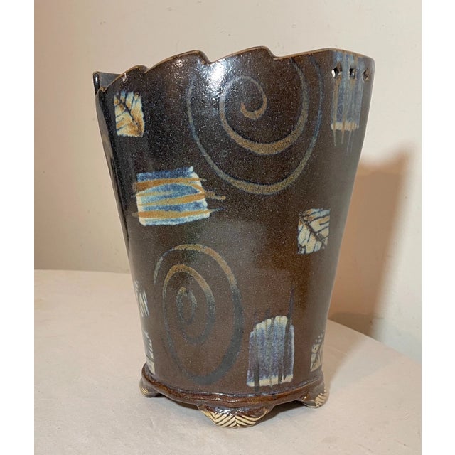 Tall Unique Vintage Handmade Signed Rs Glazed Brown Swirl Art Pottery Vase For Sale - Image 11 of 14