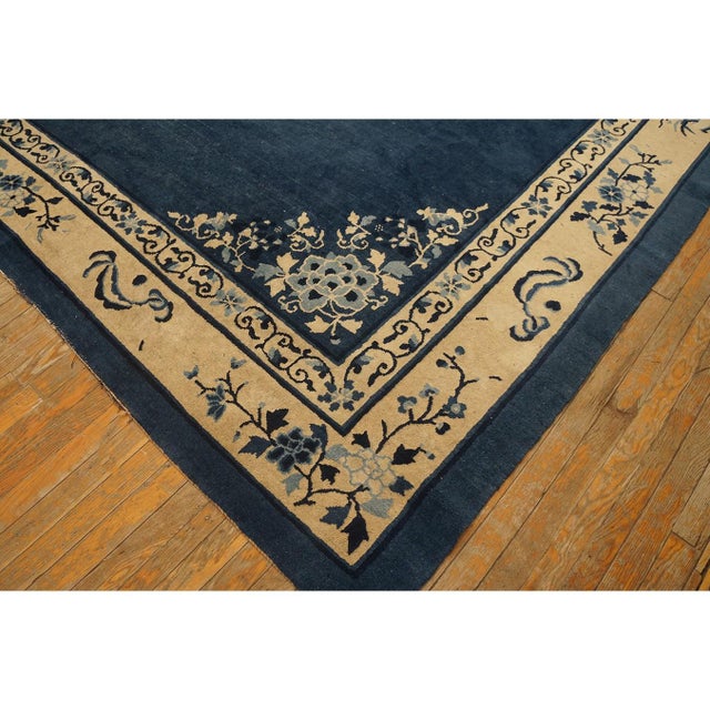 Antique Peking Chinese Floral Navy Open Field Medallion Oriental 1920s Rug For Sale - Image 11 of 11