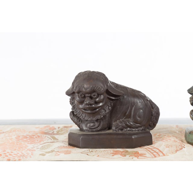 Vintage Lost Wax Cast Bronze Foo Dog Sculptures with Bronze or Verde Patina For Sale - Image 10 of 12