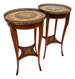 Pair of Louis XVI Style Marquetry Guéridon Tables With Bronze Gallery & Mounts