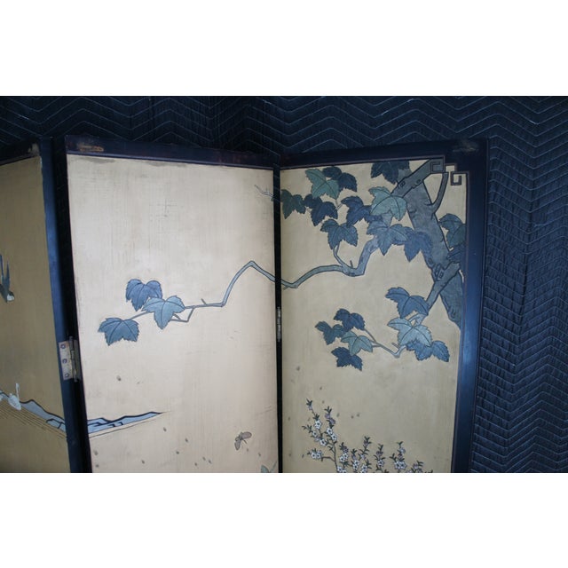 Paint Vintage Chinese Black Lacquer 4 Panel Hand Painted Folding Screen Room Divider For Sale - Image 7 of 18