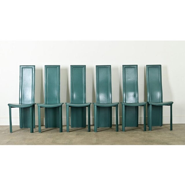 Late 20th Century Vintage Italian Turquoise Leather Postmodern Dining Chairs - Set of Six For Sale - Image 5 of 12