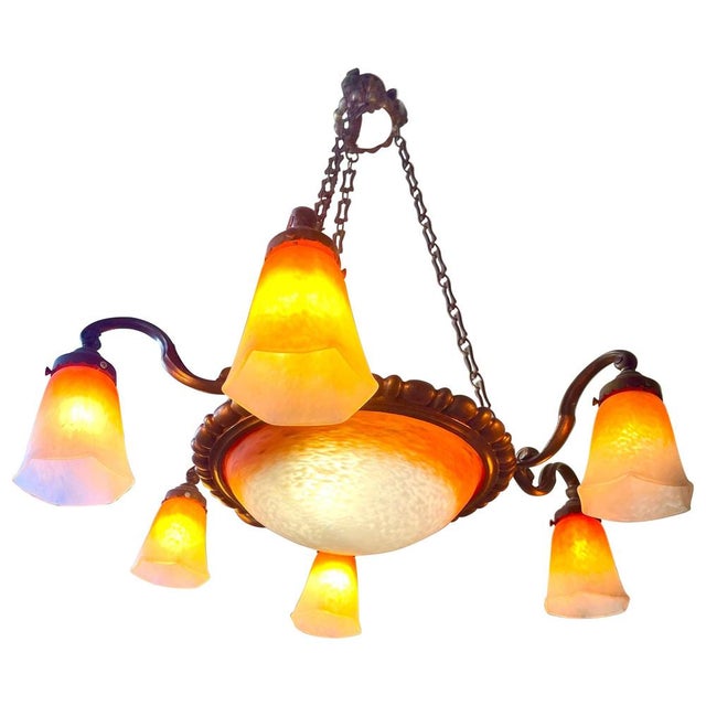 Gold Antique French Art Nouveau Glass Chandelier by Schneider, 1915 For Sale - Image 8 of 8