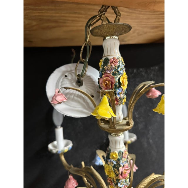 Ceramic Vintage Capodimonte-Style Porcelain Floral Six-Light Chandelier For Sale - Image 7 of 7