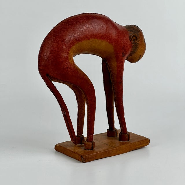 Small Vintage Folk Art Painted Leather Monkey on Stand For Sale In New York - Image 6 of 9