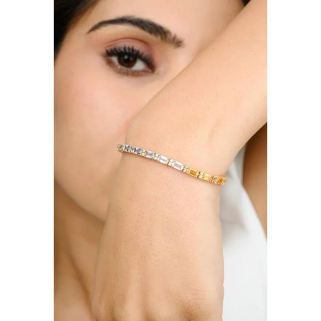 Art Deco 18k Gold Multi Sapphire and Diamond Tennis Bracelet For Sale - Image 3 of 7