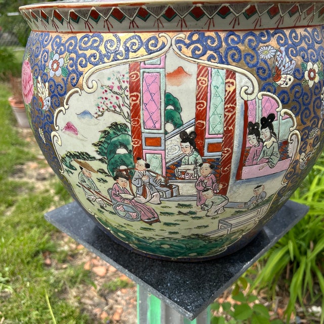 Chinese Vintage Large Porcelain Hand Painted Medallion Chinese Famille Rose Fishbowl /Jardiniere For Sale - Image 3 of 12