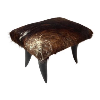 1960s Vintage Dark Brown Cowhide Footstool With Horn Legs For Sale