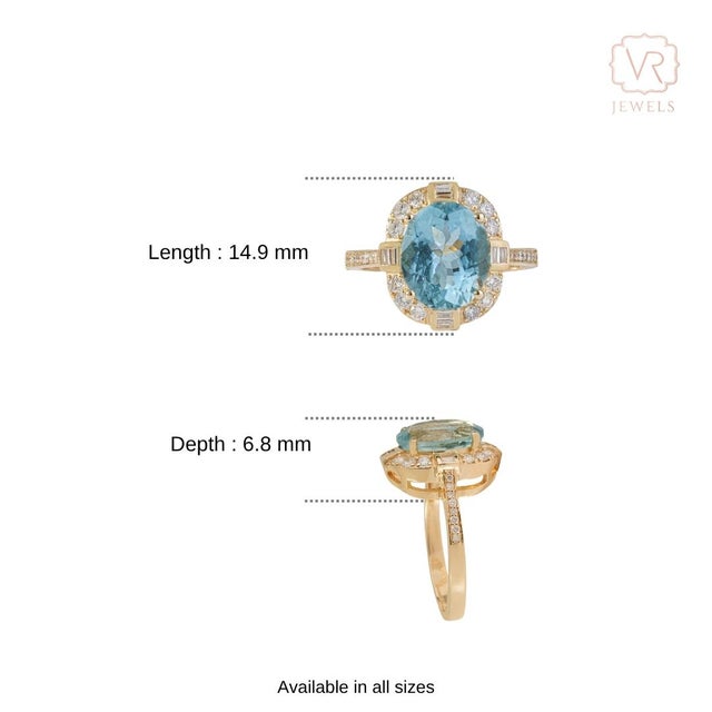 14k Gold Art Deco 3.49ct Oval Aquamarine Diamond Chic Cocktail Ring Size 4 For Sale - Image 12 of 18