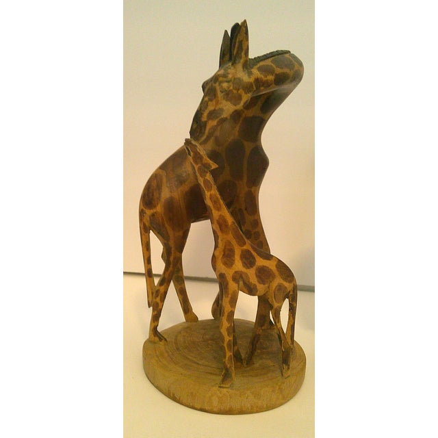 Folk Art Vintage Hand-Carved Wood Giraffes 12" Dad & 8" Mom/Calf African Safari Folk Art For Sale - Image 3 of 7