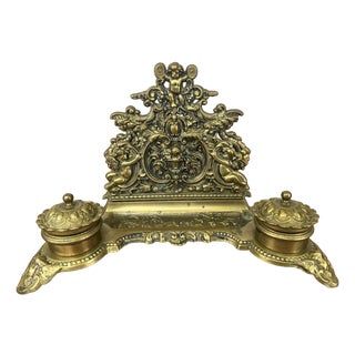Vintage Style Brass Cherub Ornate Decorative Desk Inkstand For Sale
