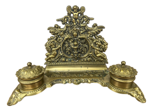 Vintage Style Brass Cherub Ornate Decorative Desk Inkstand