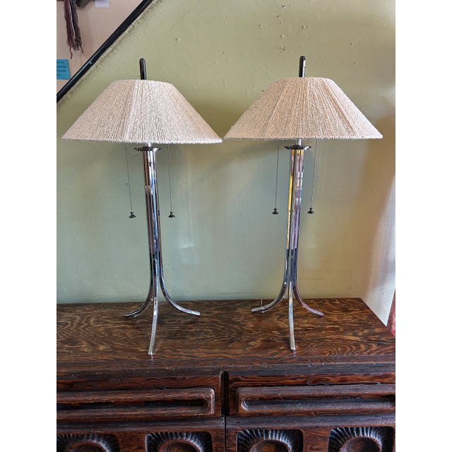 You are viewing a very chic PAIR of Steel Tripod Table Lamps by Lang-Levin c1970s. These amazing lamps feature a base made...