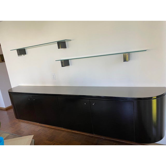 1980's Post Modern Floating Glass Shelves With Black Lacquer Brackets