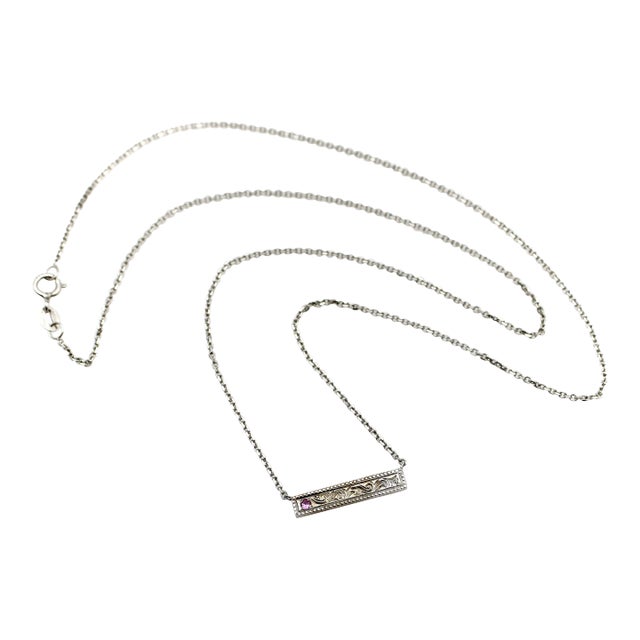1990s 14K White Gold Bar Necklace with Diamond and Pink Tourmaline For Sale