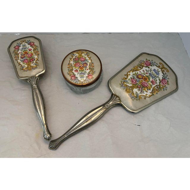 Mid-20th Century Silver Plate Vanity Set With Floral Insert – 3 Piece Boudoir Collection For Sale - Image 4 of 7